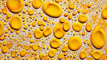 Abstract yellow paint drops mixed in white oil background. Non-mixing fluids pattern. Generative AI.の素材
