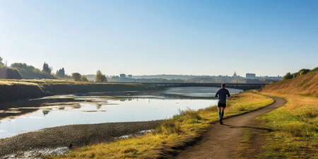 Young man running on pier near river in morning. Generative AI.の素材