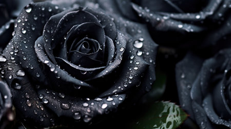 Black Roses flowers with water drops background. Closeup of blossom with glistening droplets. Generative AI.の素材