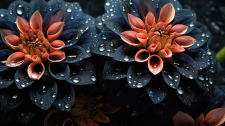 Black Dahlia flowers with water drops background. Closeup of delicate blossom with glistening droplets. Generative AI.の素材