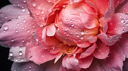 Pink Peony flowers with water drops background. Closeup of blossom with glistening droplets. Generative AI.の素材