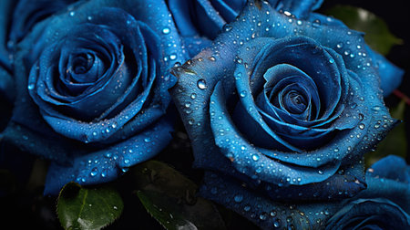 Blue Roses flowers with water drops background. Closeup of blossom with glistening droplets. Generative AI.の素材