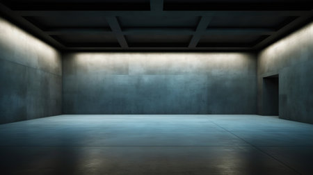 Empty room with concrete walls, dark interior with spotlights. Industrial copy space. Generative AI.の素材