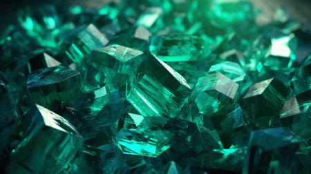 Amazing bright and shiny Emerald crystal cluster background. Jewel mineral detailed macro. Generative AI.の素材
