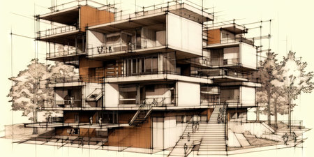 Detailed pencil sketch of modern suburban house. Abstract imaginary building concept. Generative AI.の素材