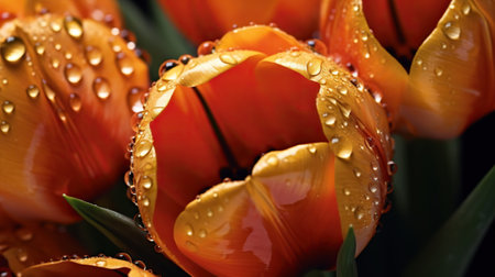 Orange Tulips flowers with water drops background. Closeup of blossom with glistening droplets. Generative AI.の素材