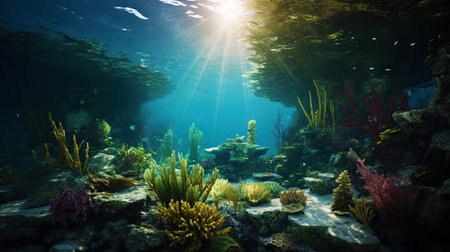 Underwater sunlight through the water surface seen from a rocky seabed with algae. Generative AI.の素材