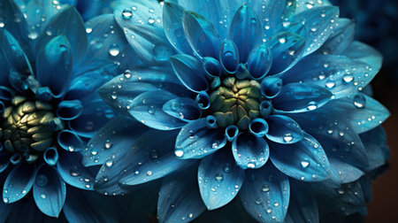 Blue Dahlia flowers with water drops background. Closeup of delicate blossom with glistening droplets. Generative AI.の素材