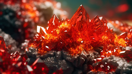 Amazing bright and shiny Crocoite crystal cluster background. Jewel mineral detailed macro. Generative AI.の素材