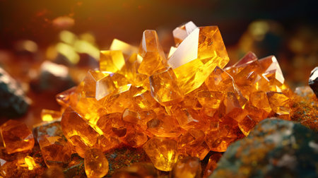 Amazing bright and shiny Wulfenite crystal cluster background. Jewel mineral detailed macro. Generative AI.の素材