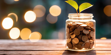 Young green sprout grow from jar full of coins. On wooden table with blurred backdrop. Economy concept. Generative AI.の素材