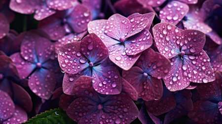 Purple Hydrangeas flowers with water drops background. Closeup of blossom with glisten droplets. Generative AI.の素材