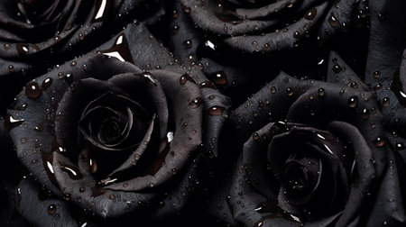 Black Roses flowers with water drops background. Closeup of blossom with glistening droplets. Generative AI.の素材