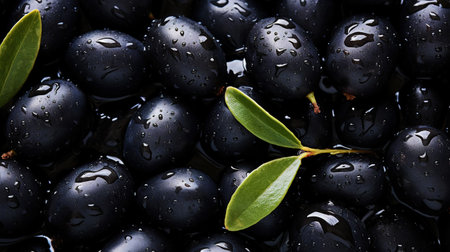 Black olives with leaves and water drops background. Vegetables backdrop. Generative AI.の素材