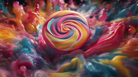 Closeup of colorful candy vortex. Swirl of sweet rainbow sweet lollipop liquid. Generative AI.の素材