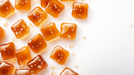 Tasty caramel candies with sauce background. Sweet texture. Generative AI.の素材