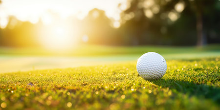Close-up of golf ball on green grass of golf course, sunny day, blurred backdrop. Generative AI.の素材