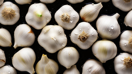 Fresh garlic with water drops background. Vegetables backdrop. Generative AI.の素材