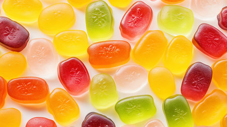 Fruit jelly candies background. Colorful sweet backdrop. Generative AI.の素材