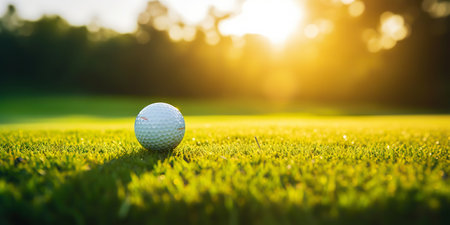 Close-up of golf ball on green grass of golf course, sunny day, blurred backdrop. Generative AI.の素材