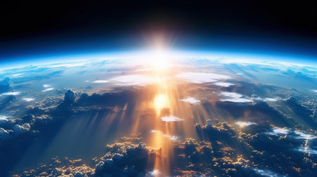Panoramic view on planet Earth globe from space. Glowing city lights, light clouds. Generative AI.の素材