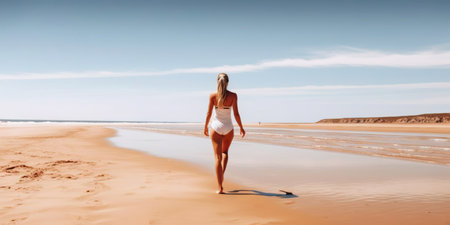 Athletic woman running on the beach. Female runner. Generative AI .の素材