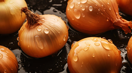 Fresh yellow onions with water drops background. Vegetables backdrop. Generative AIの素材