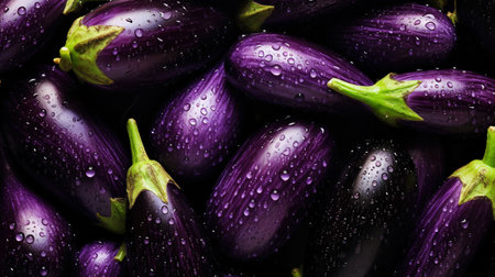 Heap of fresh eggplants with water drops background. Vegetables backdrop. Generative AIの素材
