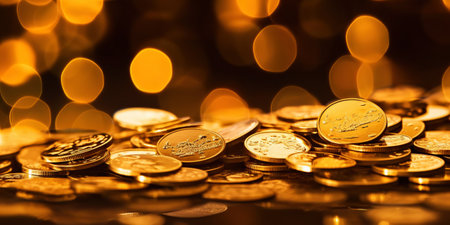 Pile of golden coins with gold bokeh background. Jackpot fortune concept. Generative AI.の素材