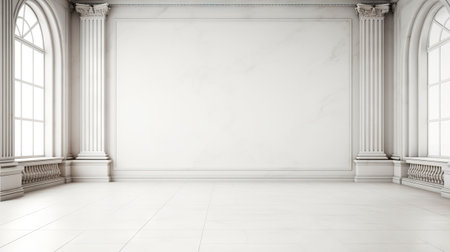 White wall empty apartment room with marble floor and walls. Copy space for product placement. Generative AI.の素材