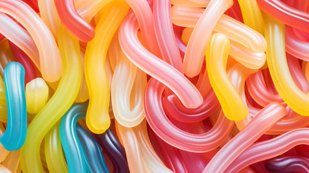 Colorful jelly worms sweets background. Generative AI.の素材