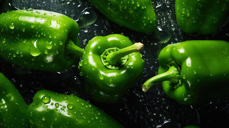 Fresh green bell peppers with water drops background. Vegetables backdrop. Generative AI.の素材