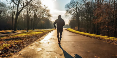 Man running in park with green trees on beautiful summer day. Sport fitness concept. Generative AI.の素材