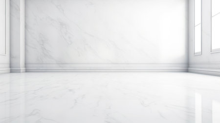 White wall empty apartment room with marble floor and walls. Copy space for product placement. Generative AI.の素材