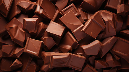 Milk chocolate chunks background. Top view of many chocolate blocks. Generative AI.の素材