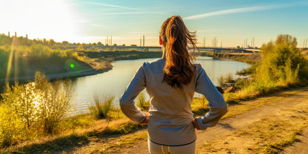 Young woman running on pier near river in morning. Generative AI.の素材