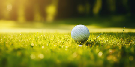 Close-up of golf ball on green grass of golf course, sunny day, blurred backdrop. Generative AI.の素材