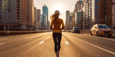 Woman running on city street. Urban workout. Generative AI.の素材