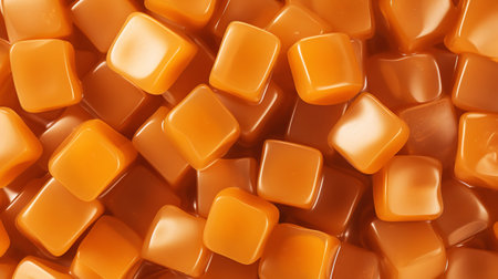 Tasty caramel candies with sauce background. Sweet texture. Generative AI.の素材