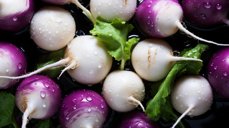 Fresh turnips with water drops background. Vegetables backdrop. Generative AI.の素材