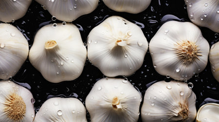 Fresh garlic with water drops background. Vegetables backdrop. Generative AI.の素材