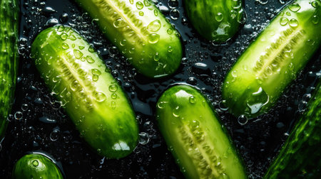 Fresh green cucumber slices with water drops background. Vegetables backdrop. Generative AI.の素材