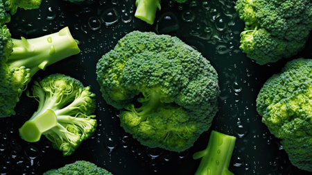 Fresh raw broccoli with water drops background. Vegetables backdrop. Generative AI.の素材