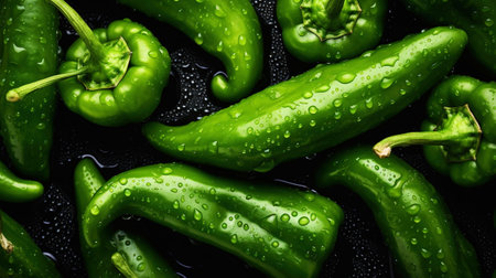 Fresh green bell peppers with water drops background. Vegetables backdrop. Generative AI.の素材