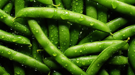 Fresh green beans with water drops background. Vegetables backdrop. Generative AI.の素材