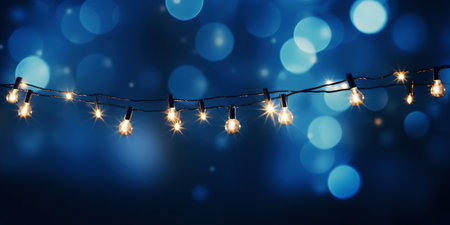 Christmas blue and orange garland bokeh background. Festive magical background. Generative AI .の素材