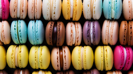 Colorful french macarons background, close up. Generative AI.の素材