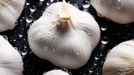 Fresh garlic with water drops background. Vegetables backdrop. Generative AI.の素材