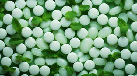 White and green mint candies background. Sweet backdrop. Generative AI.の素材