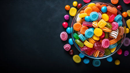 Top view on delicious multicolored candies on black rustic background. Generative AI.の素材